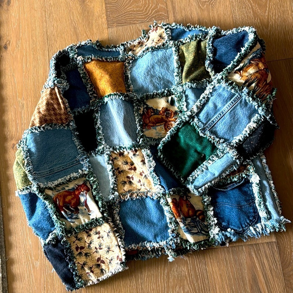 Boho Western Hand Crafted Denim Fringe Patchwork Jacket Coat Womens S-L Quirky - Picture 3 of 16